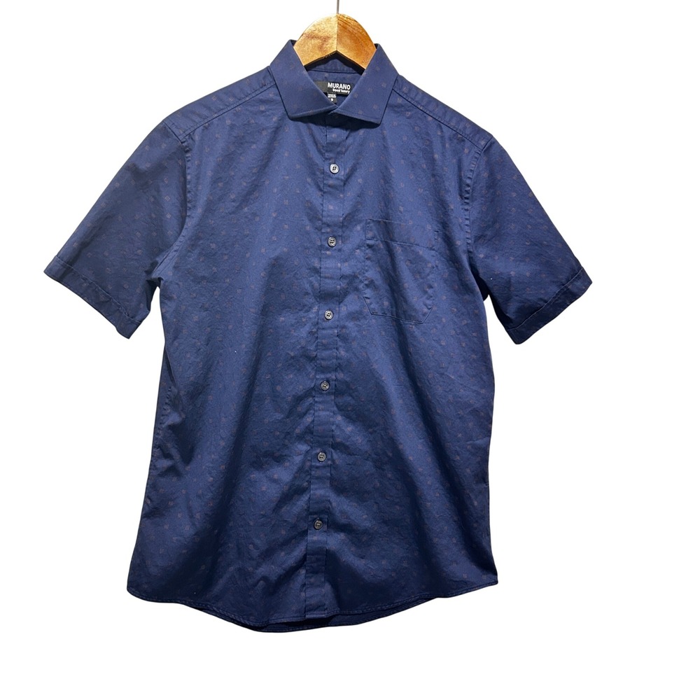 Murano Liquid Luxury Men Business Casual Button Down Shirt S Navy Blue Geometric